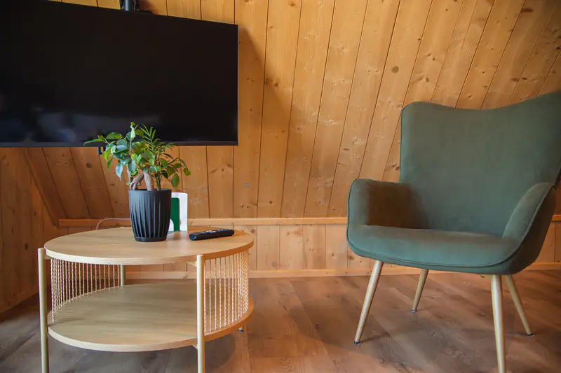 Fotel i telewizor Smart TV w przytulnym kąciku salonu